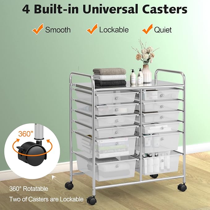 12 Drawer Rolling Storage Cart, Art Cart Organizer on Wheels, Mobile Utility Cart with Drawers, Multipurpose Craft Drawers for Home Office School Classroom (Clear)