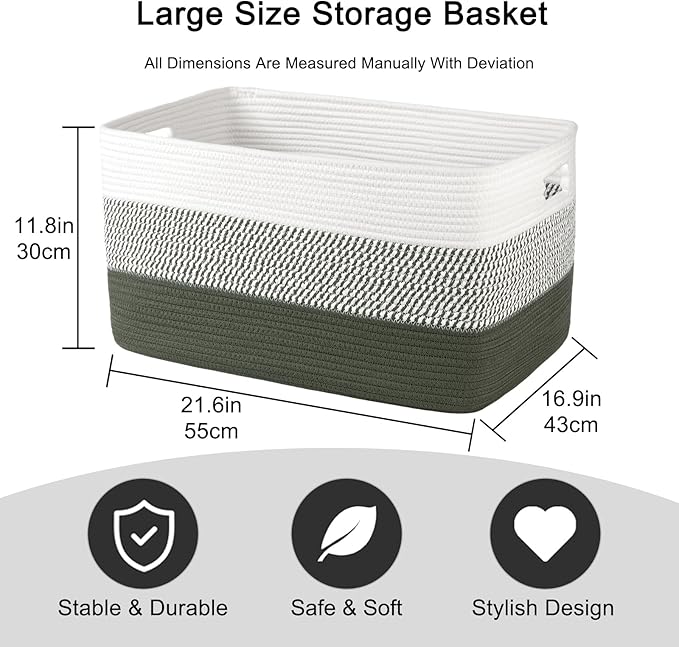 OIAHOMY Blanket Basket Laundry Basket Dog Toy Basket 75L Green/White | Large Storage Basket,Baby Basket,Toy Storage,Woven Rope Basket for Blankets,Blanket Storage for Living Room