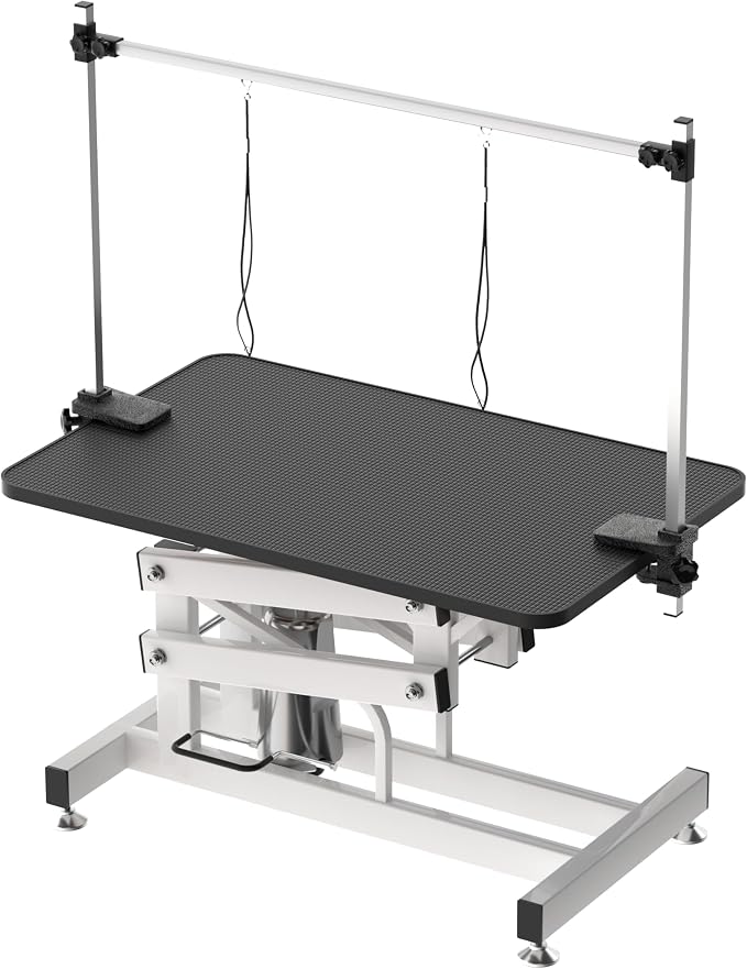Hydraulic Dog Pet Grooming Table, 42 Inch Heavy Duty Professional Pet Grooming Station 21'' -36'' Height Adjustable for Large Dog at Home with Adjustable Overhead Arm, Clamp and Grooming Noose, Black