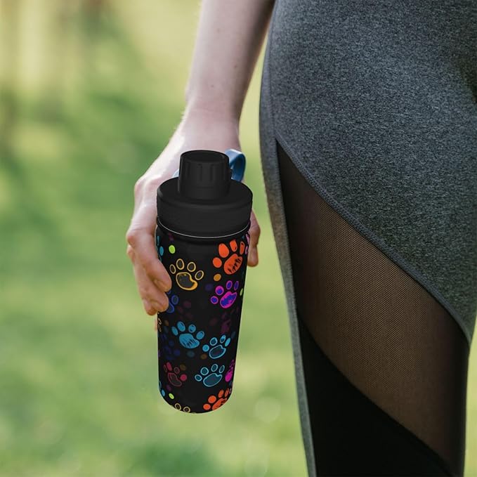 Colorful Dog Paw Print Water Bottle,18oz Sports Insulated Kettle for Cycling Gym Basketball Outdoor, Suitable as a Present