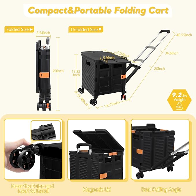 FELICON SELORSS Folding Utility Cart Portable Rolling Crate Handcart-Black | Adjustable Handle+Extended Magnetic Lid,Storage Basket Box,4 Swivel Wheels Tote for Teacher Move Shop Travel Grocery Office