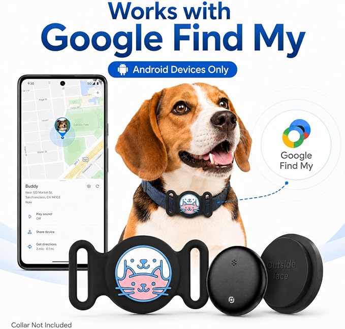GPS Collar for Dogs, Pet Tracker for Dogs (Android Only), Waterproof Smart Tag Compatible with Google Find My, No Monthly Fee, Dog GPS Tracker Collar for Small Large Dogs (Android Tracker for Dog)