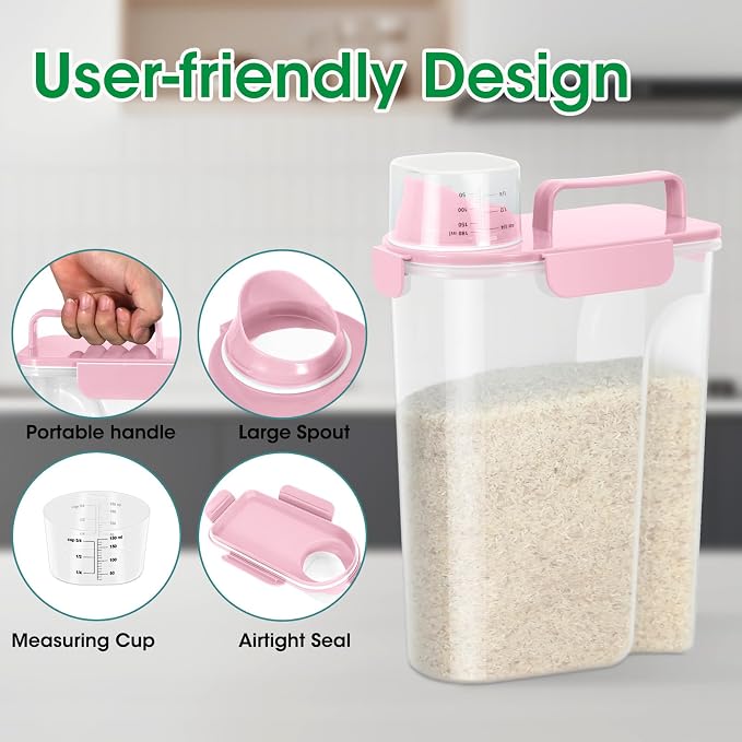 TBMax 2 Pack Airtight Rice Container 5 Lbs +10 Lbs, Cereal Container Oatmeal Storage with Easy-pouring Spout & Handy Cup for Flour Grain Beans, Pet Dog Cat Bird Food Storage Dispenser -Pink