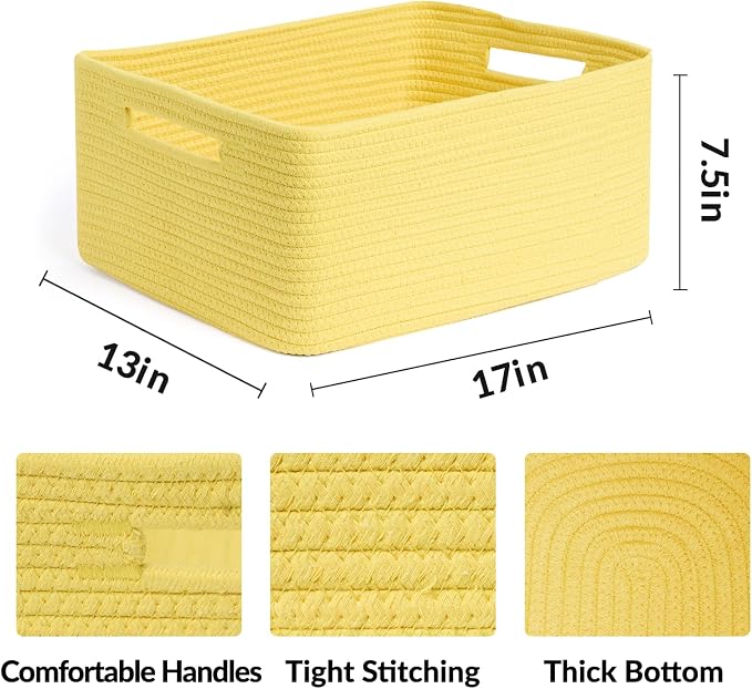 MiniArk Large Storage Baskets for Shelves, 17 x 13 x 7.5” Closet Organizers Bins for Clothes Blanket Towels, Baby Nursery, Toy Baskets Box, Woven Rope Baskets, 3 Packs Yellow