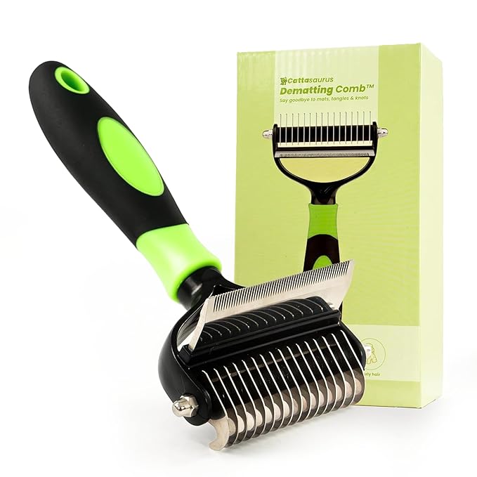 CATTASAURUS Cats & Dogs Grooming Brush for Shedding - 2 in 1 Deshedding Tool and Undercoat Rake for Long and Short Haired Dogs with Double Coat - Dematting Comb and Pet Hair Deshedder Supplies