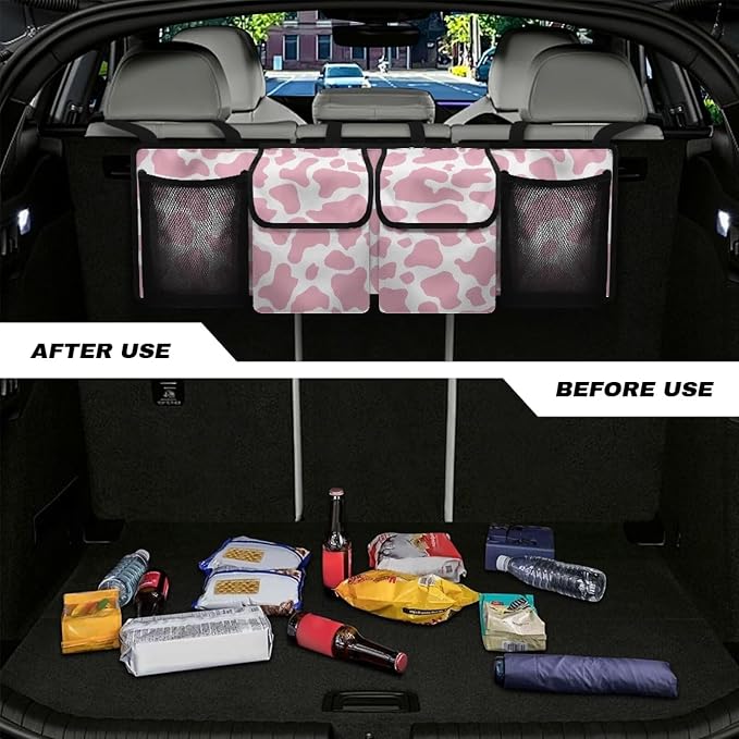 Car Trunk Organizer SUV - Pink Cow Print Car Accessories for Women Quick-Clean Back Seat Car Organizer, Machine Washable