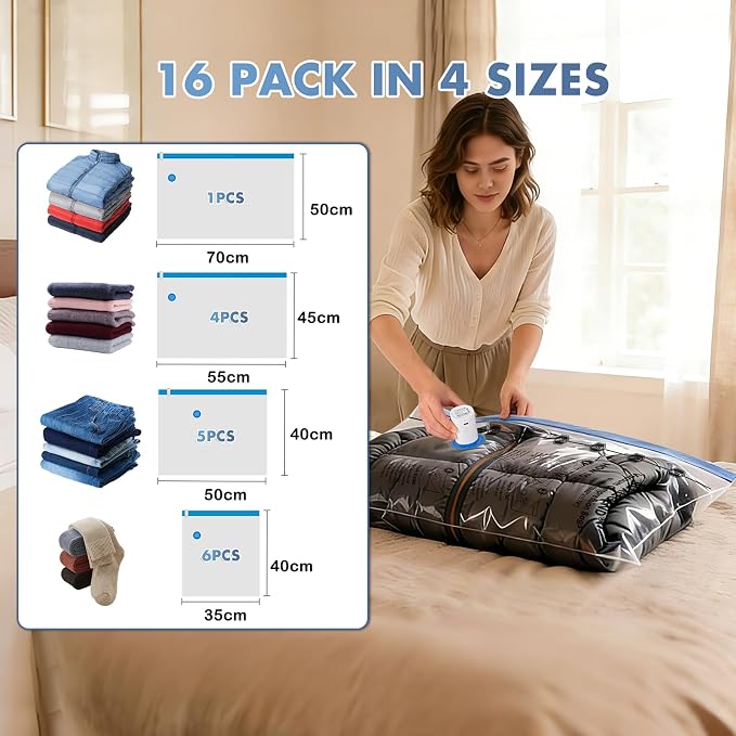 BoxLegend 16 Pack Vacuum Storage Bags with 1200mAh USB Electric Pump - M/S/XS/XXS 4 Sizes Thickened Waterproof Vacuum Seal Bags for Clothing, Travel, Moving & Closet Organization - Save 70% Space