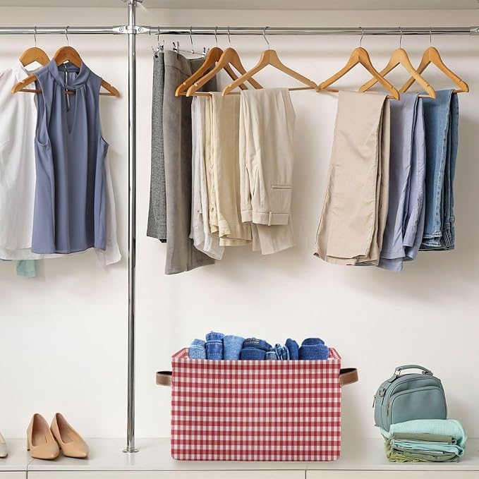 Kigai Red White Gingham Storage Basket with Handles Waterproof Collapsible Storage Bin Canvas Fabric Basket Decorative Box Closet Organizer for Nursery Bedroom Office