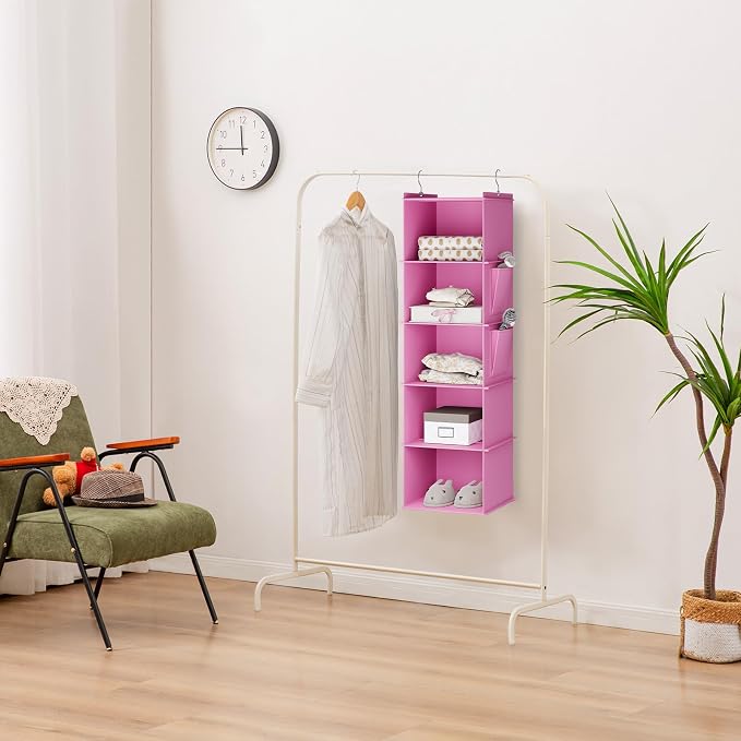 YOUDENOVA Hanging Closet Organizer and Storage, 5-Shelf, Light Pink | Locker/RV/Camper Organizer, 2 Side Pockets, Hanging Shelves for Small Closet, Dorm Room Essentials for Guys, Non-woven Fabric