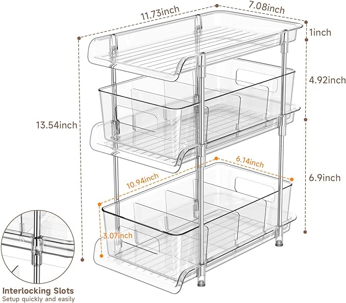 3 Tier Clear Bathroom Organizer with Dividers, Multi-Purpose Pull-Out Pantry Organization and Storage, Under Sink Closet Organizers and Storage, Vanity Skincare Cosmetic Organizer Medicine Bins