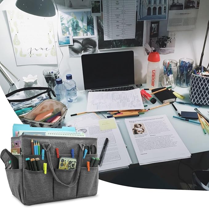 Cupohus Art Organizer Craft Storage Tote Bag with Pockets and Handles Grey | Portable Supply Storage for Sewing, Scrapbooking, Journal, Oxford Fabric Carrying Caddy for Teacher, Officer, Artist