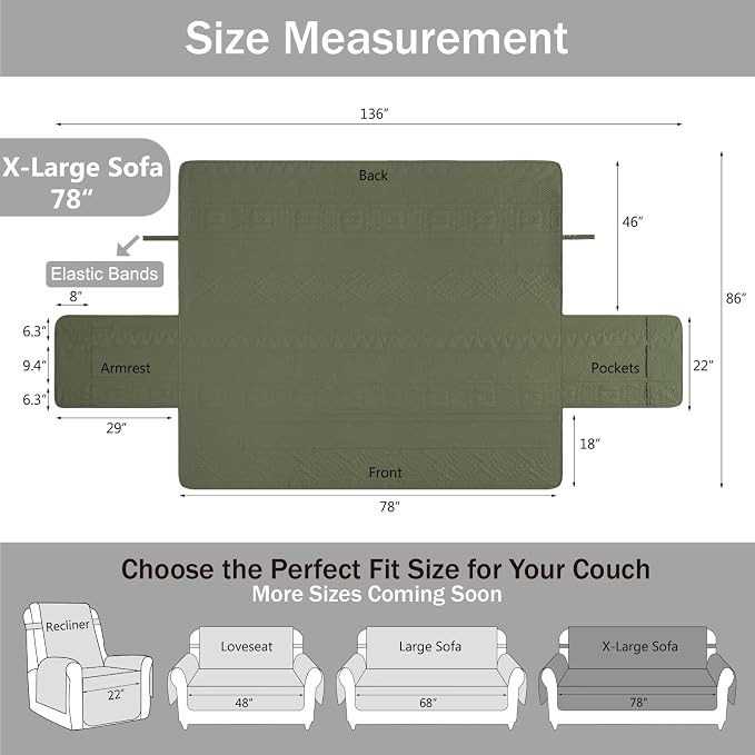 Soft Boho Quilted Couch Cover with Pockets for Extra-Large Sofa, Anti-Slip Sofa Covers Washable for 3 Cushion Pet Friendly, Oversized Sofa Cover Water-Repellent (X-Large Sofa 78", Olive Green)