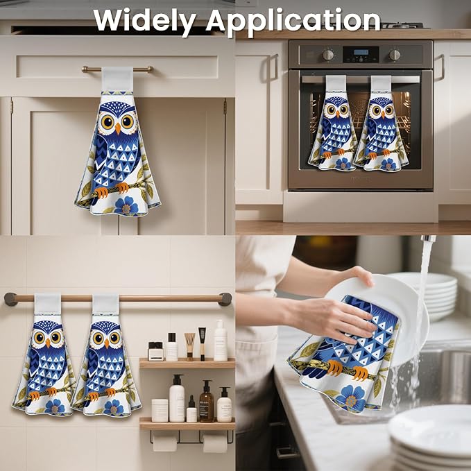 CUTHOLLOW Blue Owl and Flower Hanging Kitchen Towels with Loop, Set of 2 - Soft & Super Absorbent Microfiber Decorative Hanging Dish & Hand Towel, Tea, Coffee Towel for Kitchen Bathroom Oven Handle