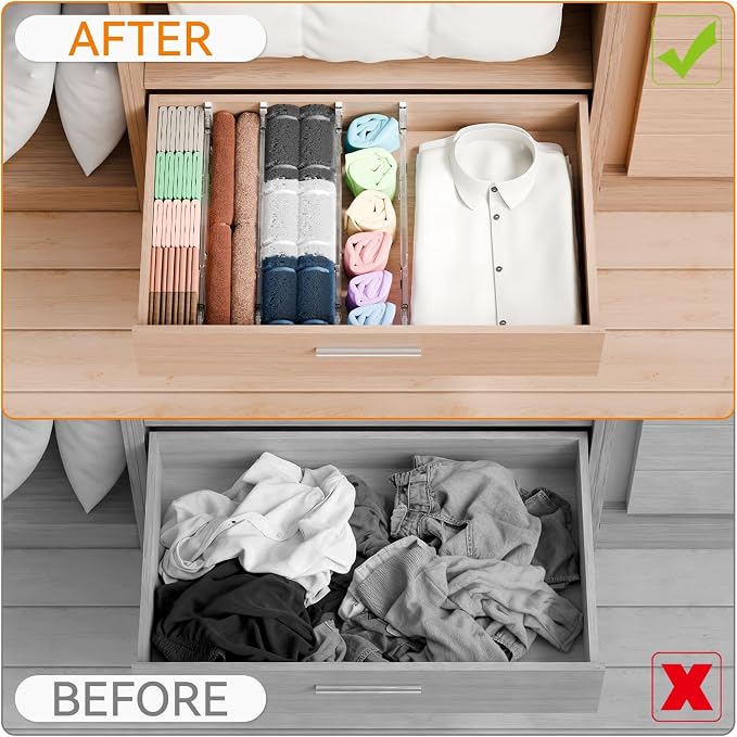 4 Pack 3.2 Inch Shallow Acrylic Drawer Dividers for Clothes -Expandable from 15-21''- Adjustable Drawer Dividers for Baby Clothing,Sock,Underwear,Clear in Drawer Separators for Dresser,Kitchen