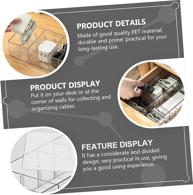 Mikikit 1pc Power Line Storage Case Multi Grid Organizer with Lid Practical Wire Storage for Home Office Durable Pet Material for Cable Management