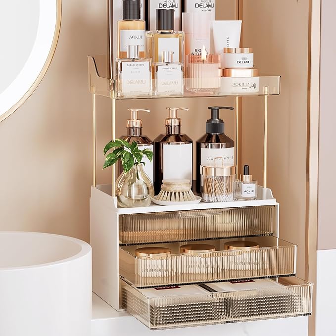 Delamu 5-Tier Makeup Organizer, Bathroom Counter Storage, 3 Drawers, Amber | Elegant Vanity Organizer Gift for Women, Holds Perfume, Skincare, Nail Polish & Hair Accessories for Bathroom Countertop