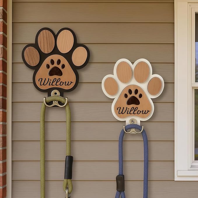 Wooden Dog Leash Holder, Dog Collar Hook and Leash Storage, Personalized Dog Paw Hook, Custom Pet Name Sign Gift, 16 * 16cm(Black)