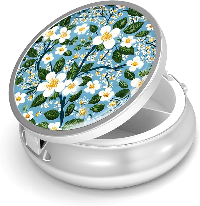 Pill Box-3 Compartment Small Pill Case for Purse & Pocket Mini Metal Pill Holder Travel Pill Container to Hold Supplements Vitamins BPA-Free (A-Flowers-01)