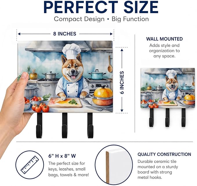 Caroline's Treasures Akita The Chef Leash or Key Holder Wall Hooks, Key Hooks Holder, Coat Rack Wall Mount, Coat Hooks, Hooks for Hanging Keys, Towels, Aprons, Leashes | Akita The Chef artwork on ceramic tile with three steel hooks for keys, leashes, t...