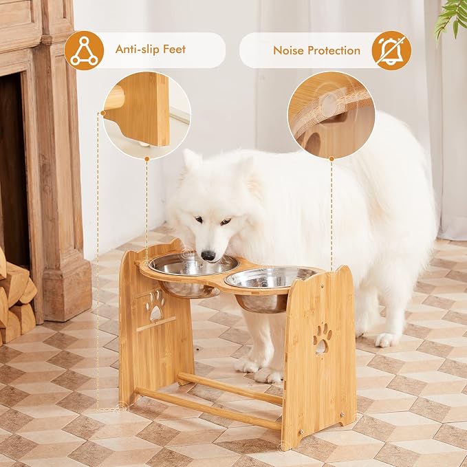 X-ZONE PET Elevated Dog Bowls for Cats and Dogs, Adjustable Bamboo Raised Dog Bowls for Large Dog, Food and Water Stand Feeder with 2 Stainless Steel Anti Slip Feet (Height 7.9" to 11.4" to 15")…