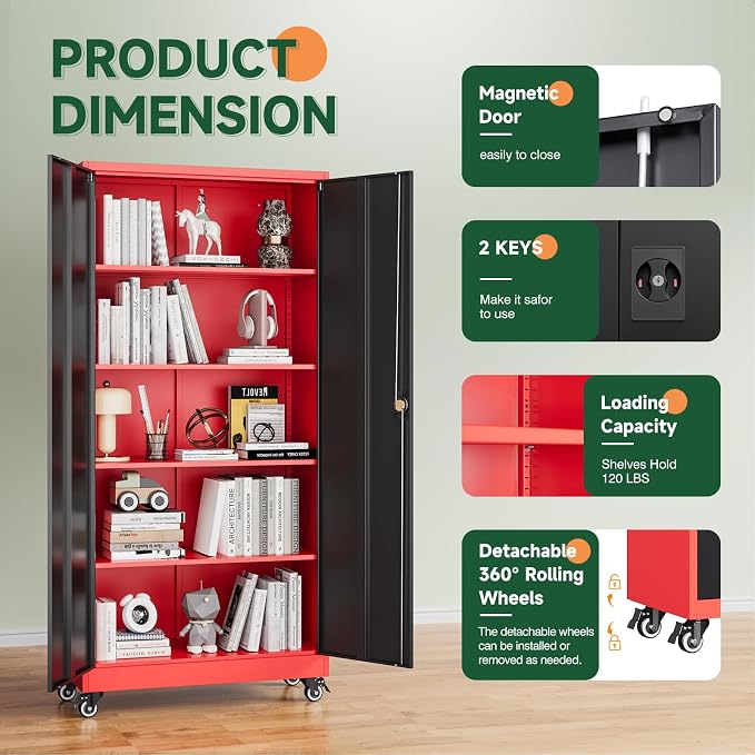 Metal Garage Storage Cabinets with Lock Door and Adjustable Shelves, Steel Tool Cabinets for Home,Office,Warehouse Organisieren (Black Red, 75" H)