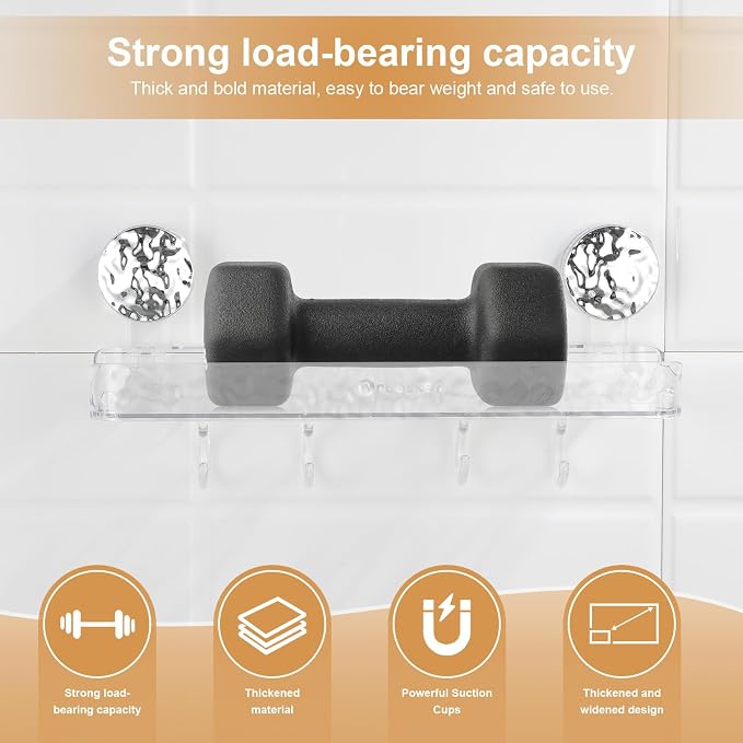 Shower Caddy Suction Cup, Wall Mounted Suction Shower Rack Organizer, No Drilling Clear Shelf Basket with 4 Movable Hooks, Bathroom Storage Rack Suitable for Smooth Walls