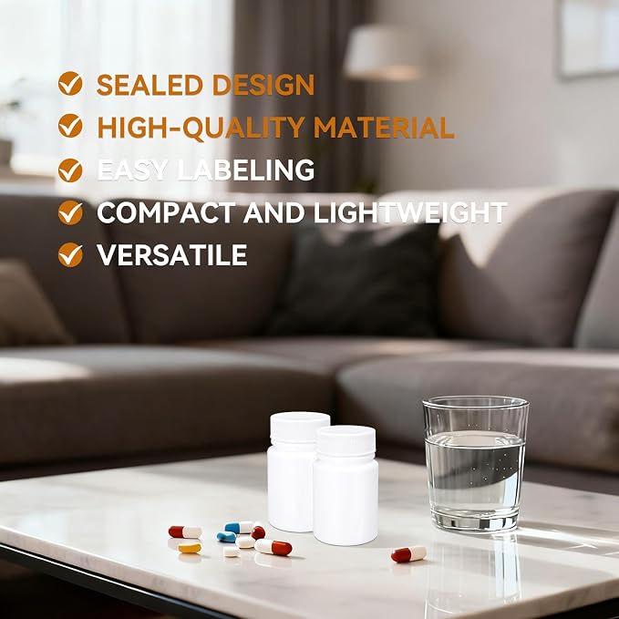 10 Pack Travel Pill Bottles - White Food Grade Plastic with Screw Caps & Labels, Small Pill Organizer for Pills, Vitamins, Capsules