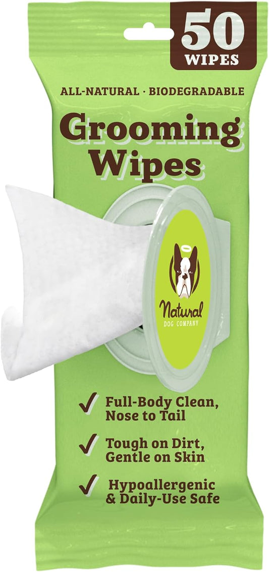 Natural Dog Company XL Grooming Wipes for Dogs – Hypoallergenic, Biodegradable, Fragrance Free – Aloe Vera & Witch Hazel – 7×8 Wipes for Paws, Face, Ears & Butt – Sensitive Skin Pet Wipes - 50 Count