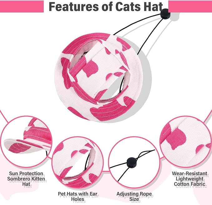 DENTRUN Cat Bucket Hat with Ear Hole, Cotton Birthday Bonnet for Small Pets | Breathable cotton, Adjustable Secures fit, For birthday Party, For small cats, daily cute photos