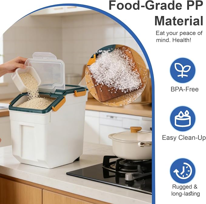 Saim 6Pack 50lb Flour & Rice Storage Container Bin, Dark Blue | BPA free plastic with seal lid, rolling wheels and measuring scoop for rice, flour, cereal and grain one-hand scooping