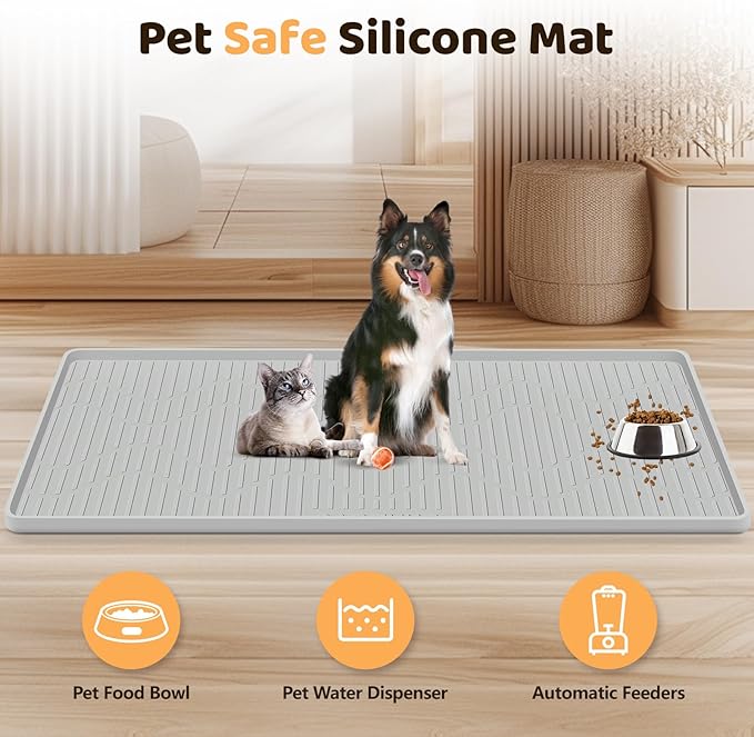 Silicone Cat & Dog Food Mat, 54" x 27.5" Extra Large Pet Feeding Mat for Cats and Dogs Bowl, Pet Placemat for Food and Water with Raised Edge, Waterproof, Leakproof (Grey)