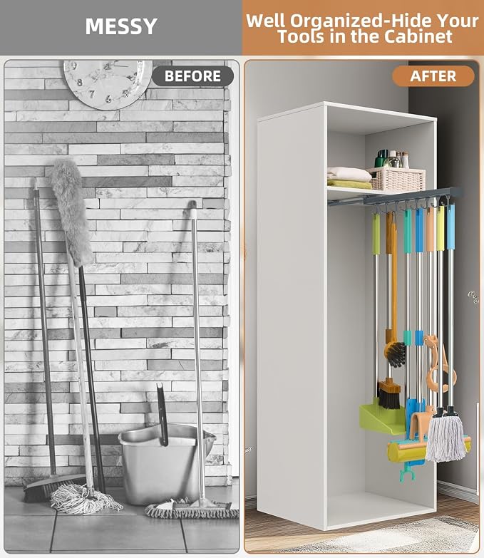 Pull Out Broom Holder With Adjustable Double Row Sliding Hook-Grey 18.11in | High Load Capacity, Multifunctional Slide Broom And Mop Storage/Garage Organization Hooks, for Closet Laundry, kitchens