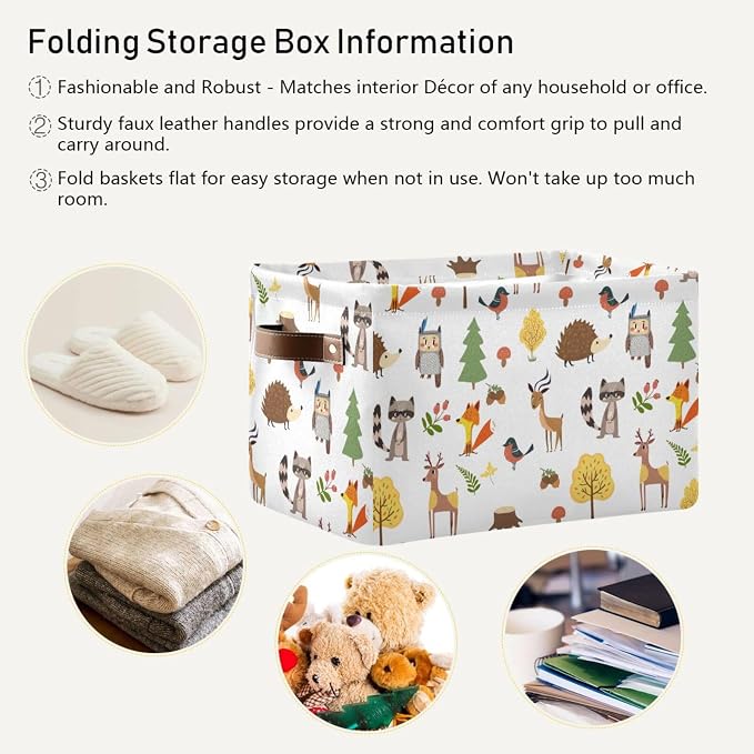 Didi & Hosa Storage Basket Cube Cute Woodland Animals Collapsible Toys Shelf Baskets Bin with Handle Laundry Organizer Storage Box for Home School & Office