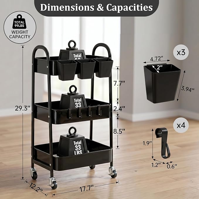 danpinera 3-Tier Rolling Cart, Utility Cart Mobile Metal Rolling Storage Cart with Lockable Wheels & Hanging Cups & Hooks for Kitchen, Bathroom, Office, Workshop, Black