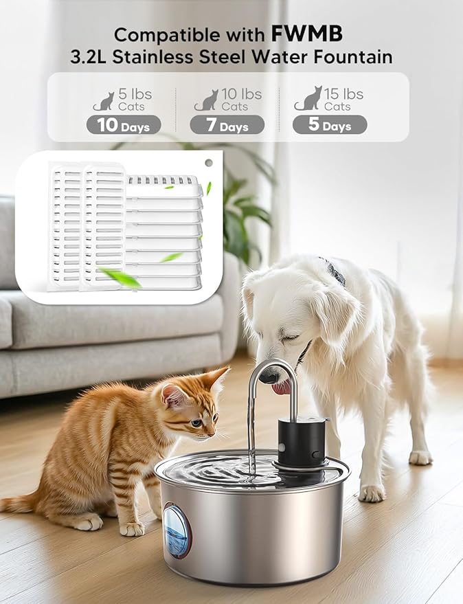 Cat Water Fountain Filters, Replacement Filters for 108oz/3.2L Cat Fountain,10 Packs Filters & 2 Sponges Set for Stainless Steel Pet Water Fountain