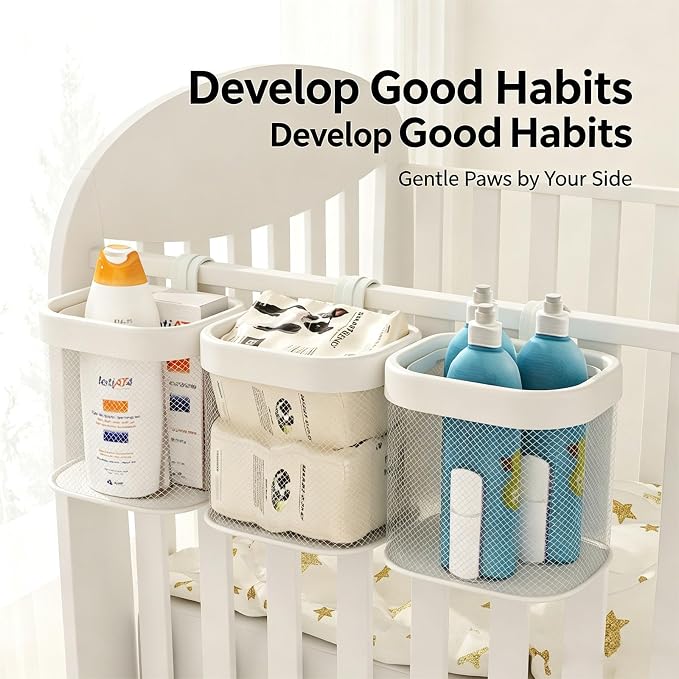 Playpen Side Storage Basket Set, Pet Fence Hanging Organizer Bask | Sturdy PP Frame Construction, Wide Open Top Access, 3 Piece Sorting Organization, Fits Playpens and Fences