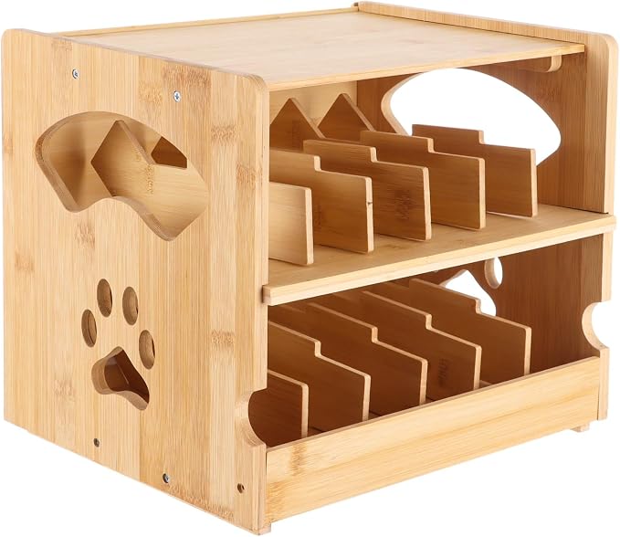 Wooden Cat Food Can Organizer, FIFO Can Storage Rack with Auto Rotation, Holds 36 Cans 3 oz, Two Tier Pet Food Holder, Space Saving Countertop Organizer for Pantry, Kitchen