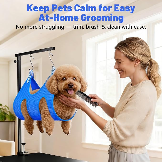 Dog Grooming Arm, 26"-38" Adjustable Clamp with Hammock | Nail Clippers Included, Adjustable Height, Heavy-Duty Design, 2 No-Sit Holders, Small & Medium Dogs