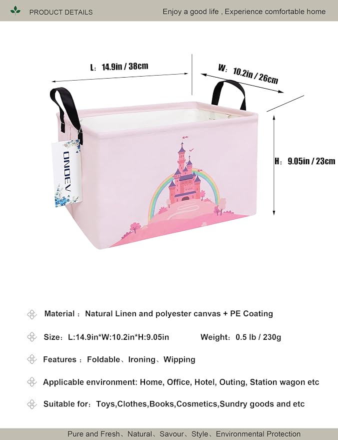 Rectangular Pink Castle Princess Closet Bedroom Storage Bin | Waterproof stain-proof cotton canvas, reinforced side grips, fairy castle print for girls, daily sundry arrangement