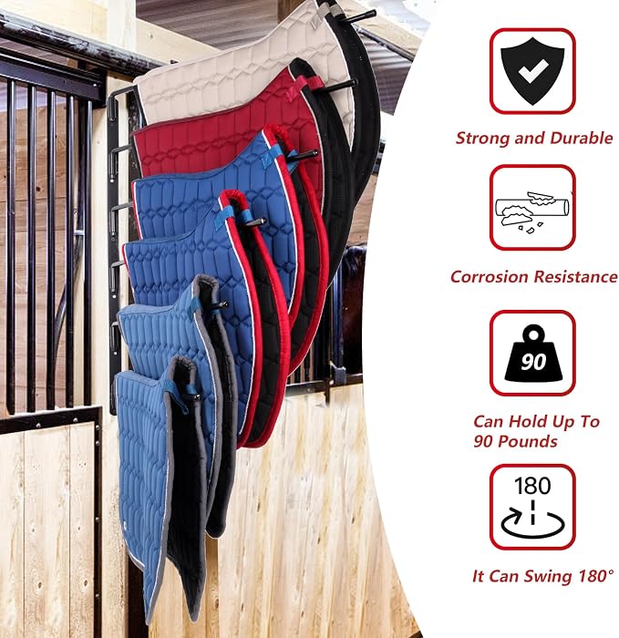 TOMESHA Saddle Pad Rack-Horse Blanket Holder,Extra-Long Rack Arms for Various Accessories,Heavy Duty 180 Degree Swing-Out Wall Mount,Six (6) Well-Spaced,Storage Rack Stand Wall Mount