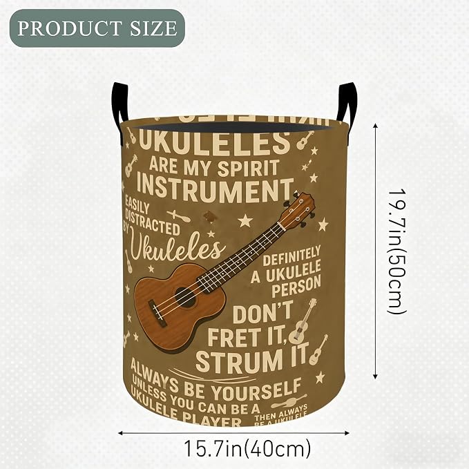 Rustic Music Ukulele Laundry Basket Hamper, Organizer Bins Gifts for Women Kids, Musical Quote Foldable Waterproof Clothes Hamper Handles Storage Bucket for Bedroom Bathroom Room Decor 19.7"x15.7"