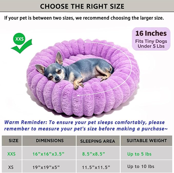 Tiny Donut Pet Bed, 16 Inch Round Calming Bed for Puppies & Kittens, Soft Cozy for Indoor Cats & Extra Small Dogs, Anti-Slip Bottom, Washable, Purple