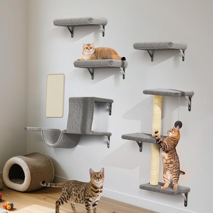 6-in-1 Wall Mounted Cat Climber Set for Heavy Cats,Wall Shelves,Stable & Safe Cat Furniture Set for Large Cats, Wooden Climbing Wall with Scratching Post (Grey)
