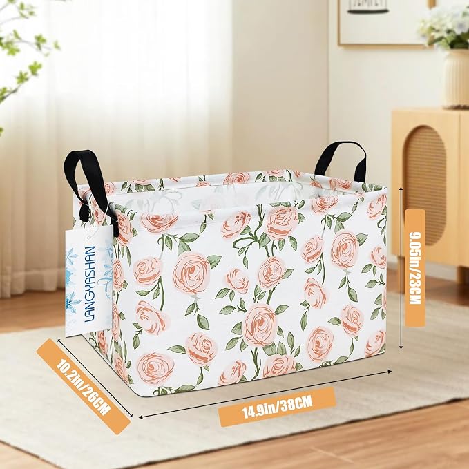 Rectangular Collapsible Champagne Rose Storage Basket Nursery Organizer | Storage Bin Foldable Canvas with Handles for Organizing Home Kitchen Children Toys Office Closet Shelf Baskets