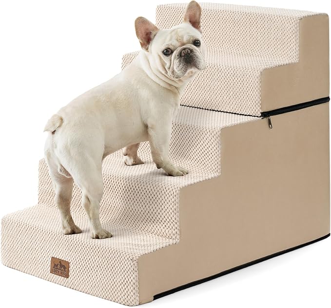 COZY KISS Dog Stairs for Small Dogs, 5 Step Pet Stairs for Beds & Couches | 23.6" Extra Wide Non-Slip Dog Steps with Removable Tiers & Support Board for Puppies, Older Cats & Dogs, Beige