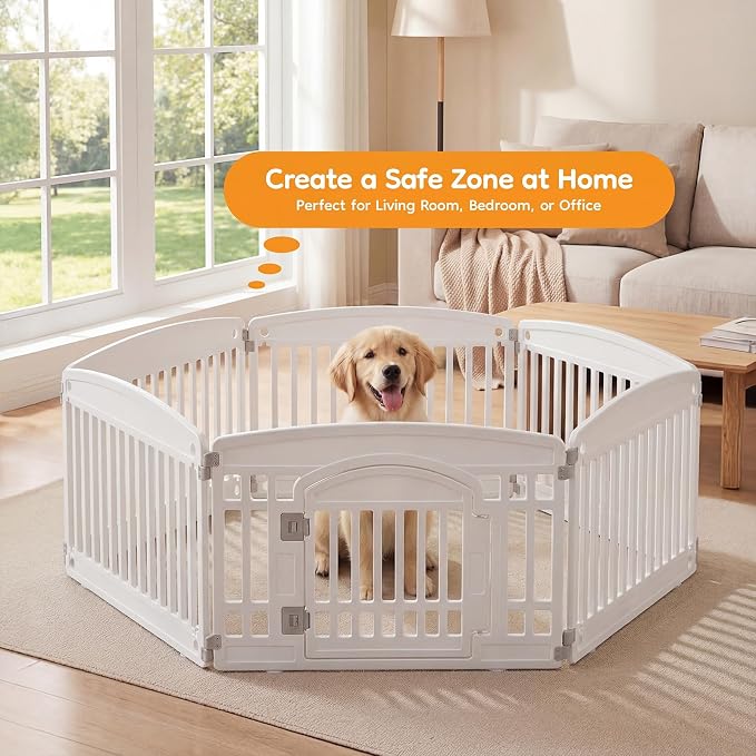 NEWBULIG 6 Panels 24 Inch Dog Playpen, Plastic Pet Play Pen Fence | Portable, Secure Locking Door, Indoor Outdoor Yard RV Camping, Small Medium Dogs, White