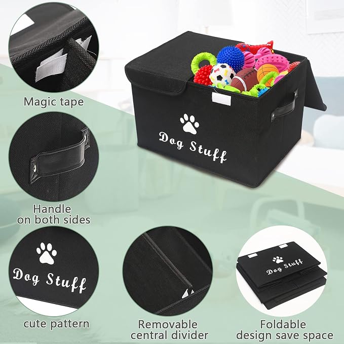 Large Storage Boxes - Large Linen Fabric Foldable Storage Cubes Bin Box Containers with Lid and Handles for Dog Apparel & Accessories, Dog Toys(Black)