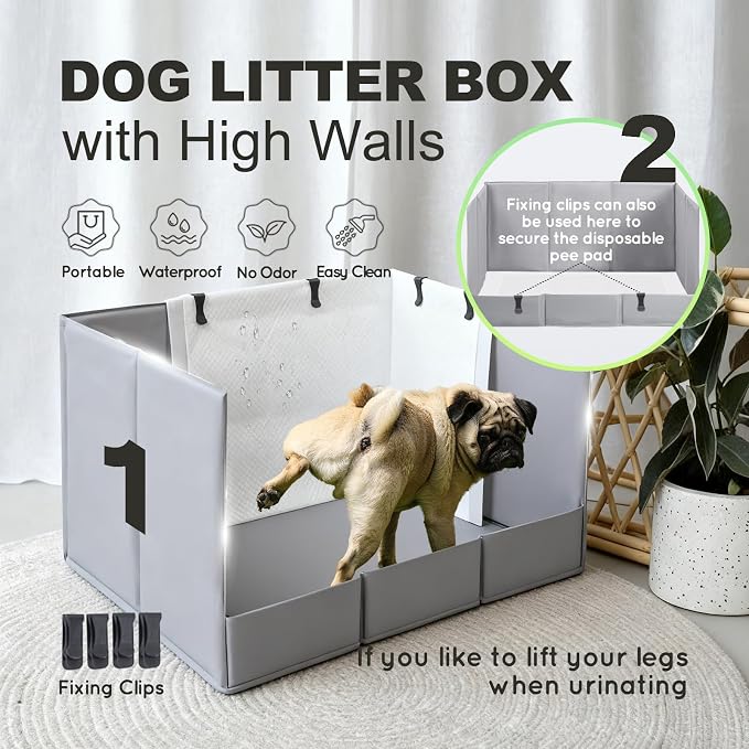 HQ4US 4LEGS Dog Litter Box Indoor High Walls, Puppy Pee Pad Holder Foldable | Dog Potty Tray, Large Dog Toilet with Clips, No Assembly,Waterproof, Easy Clean, No Spill, Seamless, Portable for Travel