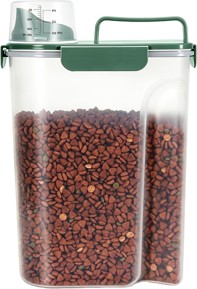 TBMax Cat Dog Food Storage Container 5 to 7 lbs, Secondary Pet Food Storage Container Beyond a Large Dog Food Bin for Daily Use, Easy-Pouring Bird Seed Dispenser, Travel Kibble Holder -Bottle Green