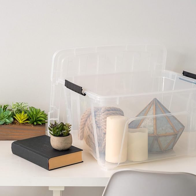 IRIS USA 4-Pack 32 Quart Storage Bins with Lids, Clear | Visible storage saves time, Great for linens, décor, closet storage, and supplies, Nestable design saves space